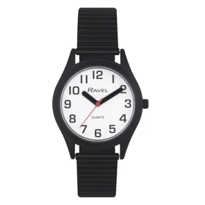 Imagen de Ravel Reloj Unisex Pulsera de Acero Inoxidable con Grandes Números y Agujas Cuarzo Analógico R0225.13.1 Negro/Esfera Blanca
