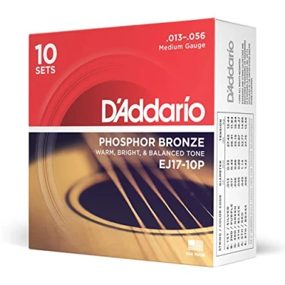 Imagen de D&#039;Addario Cuerdas Guitarra Acustica de EJ17 10P Medio, 13 56 10 Paquete