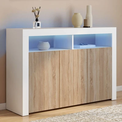 Imagen de Aparador de 3 puertas ELIGHT 110 cm con luz LED y hornacinas madera blanca efecto haya IDMarket