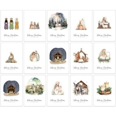Imagen de 30 tarjetas de Navidad religiosas con 15 diseños diferentes acuarela y sobres papel kraft marrón hechos reciclado