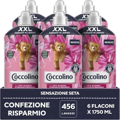 Imagen de Coccolino Suavizante concentrado Sensación Seda, Lavadora con Tecnología Stay Fresh, Perfumación de Rosa, Flores Lila y Melocotón, Tamaño XXL hasta 456 Lavados, 6 unidades 1750 ml