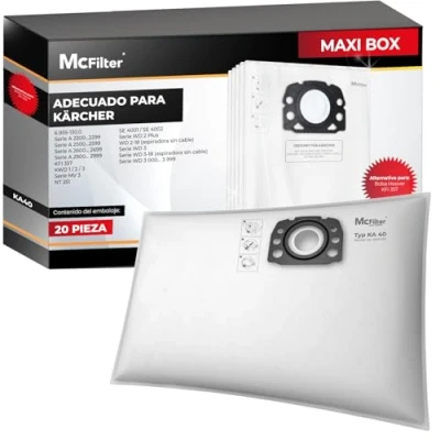 Imagen de McFilter 20 Bolsas de aspiradora adecuadas para aspiradoras Kärcher KFI 357 WD 2 Plus 3 Serie KWD 1 SE 4001 4002 adecuado como 2.863 314.0 filtro vellón