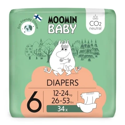 Imagen de pañales Moomin Baby Eco Talla 6, 12 24 kg, 34 premium con barrera antifugas suaves y agradables para la piel, transpirables, absorbentes, sin productos químicos innecesarios