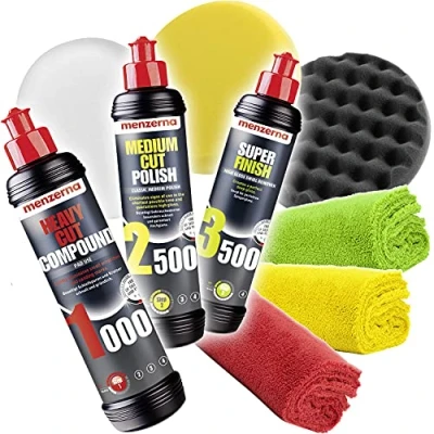 Imagen de detailmate Menzerna Conjuto de Pulido Menzerna: Compuesto Heavy Cut 1000 + Medium Polish 2500 Super Finish 3500 Almohadillas estándar (Hard, Medium, Soft) 3 paños Microfibra 550GSM