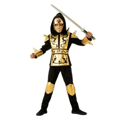 Imagen de Rubies Disfraz Ninja Dragón Gold para niño, Camisa con Capucha, Pantalones, Cinturón y Máscara óptimo halloween, carnaval cumpleaños