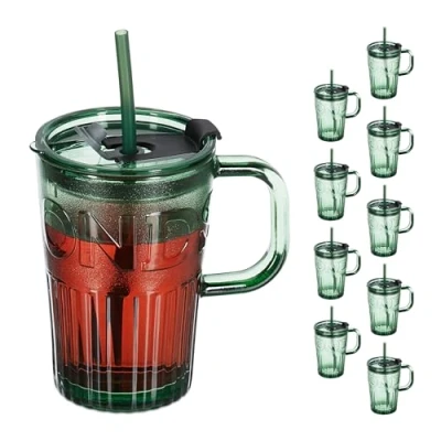 Imagen de Relaxdays Set de 10 Vasos, Jarras para Beber con Tapa y Pajita, Jarritas Batidos Zumos 450 ml, Asa, Verde