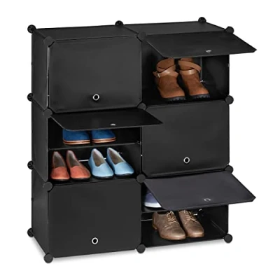 Imagen de Relaxdays Mueble Zapatero Modular, Organizador Zapatos con Puertas, 95x85x31,5 cm, 12 Compartimientos, Plástico, Negro
