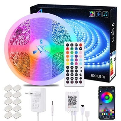 Imagen de tira Luces LED Bluetooth 10 m / 32,8 pies, ALED LIGHT SMD 5050, 600 LED, control de aplicación RGB, remoto IR 44 teclas y caja