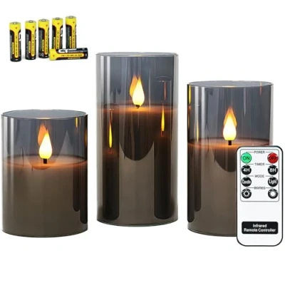 Imagen de Rhytsing 3 Velas led de Cristal Gris con Mando para Navidad, a Pilas Temporizador Decorativas Grandes, Altura 10cm / 12,5cm 15cm (Gris)