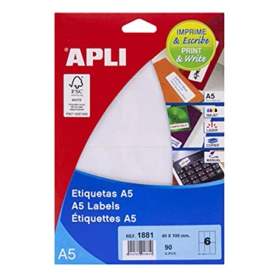 Imagen de APLI 1881 Etiquetas A5 blancas 49,0 x 100,0 mm 15 hojas
