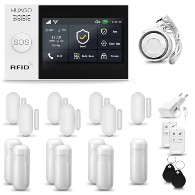 Imagen de HUXGO® HXA007 Alarma casa con Sirena Exterior WiFi + gsm 4G LTE Kit 7X sensores PIR de Movimiento, Puerta/Ventana Tuya App. Aviso a movil