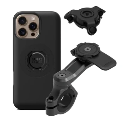 Imagen de Quad Lock Kit de soporte para teléfono manillar motocicleta con amortiguador vibraciones y funda iPhone 16 Pro Max MAG