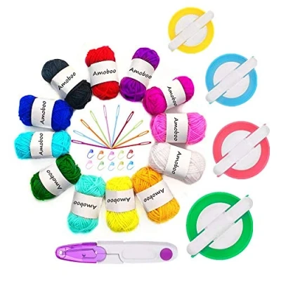 Imagen de Pom Maker, 4 Tamaños Fluff Ball Weaver Needle PomPom Maker Juegos Contiene 12 piezas de hilo + 1 pieza tijeras 10 marcadores punto tejer agujas plástico (37)