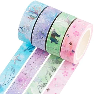Imagen de YUBBAEX Oro Washi Tape Set Cinta adhesiva Decorativa Glitter Adhesivo de para DIY Crafts Scrapbooking 4 Rollos (Plata)