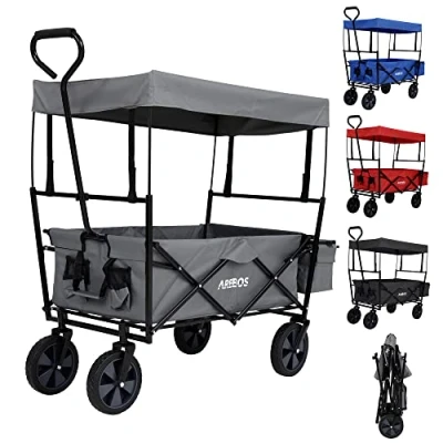 Imagen de Arebos Carreta Plegable Carretilla Jardin y Aire Libre con Techo Carro Playa de Mano &amp; Transporte 2X Bolsillos Malla 1x Bolsillo Exterior Neumáticos Goma Maciza 70kg