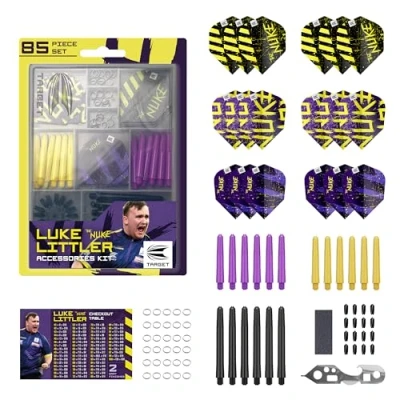 Imagen de Target Darts Set de accesorios dardos Luke Littler Kit 85 piezas The Nuke, que incluye plumas y protectores dardos, ejes, protector plumas, multiherramienta, afilador puntas