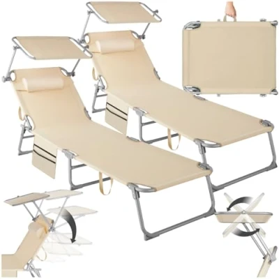 Imagen de TecTake® Set de 2X Tumbonas Jardín Exterior, Plegables con Reposacabezas, Parasol y Bolsillo Lateral, Playa Reclinables 4 Posiciones, Tumbona Piscina Resistente a Intemperie Beige