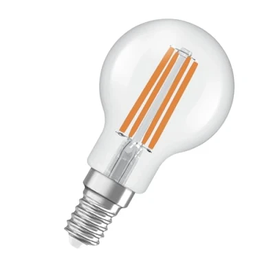 Imagen de OSRAM Energy Class en forma clásica de mini bola, 2,2 W / 470 lm, EEK A, luz blanca fría (4000 K), CRI 80, fabricada vidrio transparente sin plomo, casquillo E14, IP20, 45 mm diámetro.