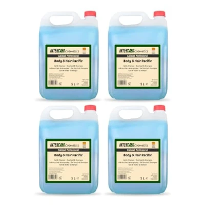 Imagen de Intercabo Pack 4 Garrafas de Gel ducha y champu baño Garrafa 5L Recarga Shampoo Geles hotel Fresca azul
