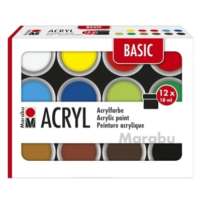 Imagen de Marabu estuche de pintura acrílica BASIC, 12 x 18 ml colores semimates, fáciles pintar, secado rápido, resistentes a la luz y intemperie, 1210000000214