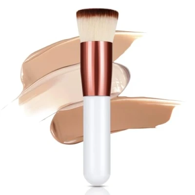 Imagen de GlasFlength Pincel de base fluida contorneada, brocha maquillaje grande para profesional Kabuki perfecto mezcla líquida crema o polvo cosmético mujer (blanco)