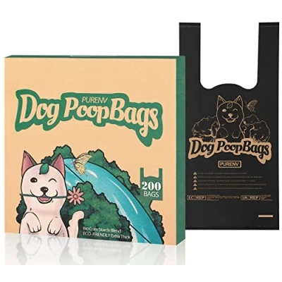 Imagen de PURENV 200 Bolsas Biodegradables para Caca de Perro con Asas, Extra Gruesa Prueba Fugas Hecho la Mezcla Almidón Maíz, 18 * 38 CM Súper Grande, Fuerte, Caja Dispensadora