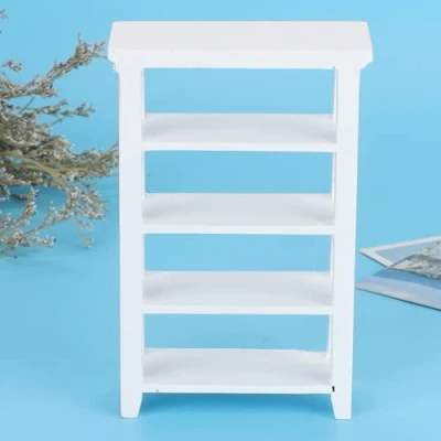 Imagen de 1:12 casa de muñecas Estante cuatro capas en miniatura Escena juego vivo Modelo madera exhibición flores accesorio para