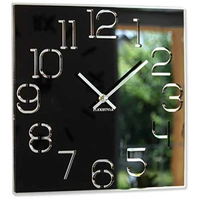 Imagen de FLEXISTYLE Reloj de Pared Cuadrado Digit 30 cm diámetro, sin Ruido tictac Moderno, diseño Cristal acrílico y Espejo acrílico, salón, Dormitorio (Negro)