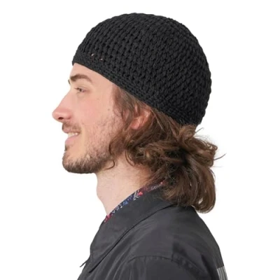Imagen de CHARM Sombrero Hombre Kufi Gorro de Punto Crochet Algodón para Oración Verano Hecho A Mano Negro M