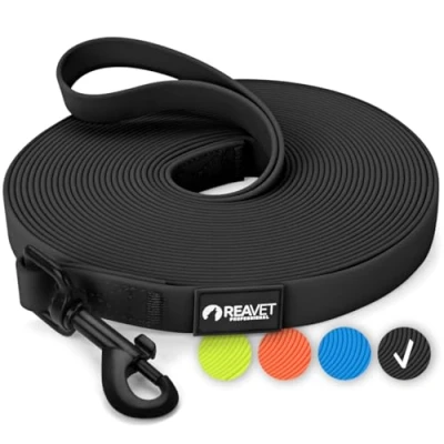 Imagen de ReaVET correa de arrastre para perros 10 metros, color negro, resistente e impermeable, larga ejercicios con mango acolchado, entrenamiento grandes y pequeños