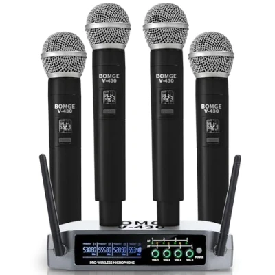 Imagen de BOMGE Sistema de micrófono inalámbrico, juego inalámbrico Pro 4 canales con cuatro micrófonos mano, frecuencia fija, largo alcance 200 pies, ideal para iglesia, karaoke, eventos