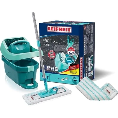 Imagen de Leifheit Set de cubo con ruedas y mopa extraplana Profi XL, escurridor prensa, friegasuelos palo acero funda repuesto