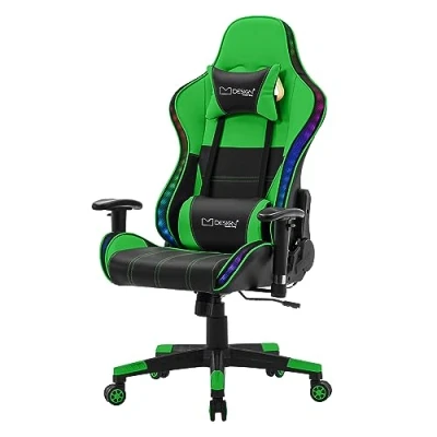 Imagen de ML Design Silla Gaming Verde Ergonómica con Iluminación LED RGB y Altavoces Bluetooth Asiento Giratorio PU Imitación Cuero Racing Gamer Ajustable en Altura Reposabrazos Reposacabezas, Cojín Lumbar