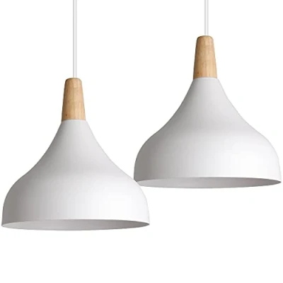 Imagen de iDEGU 2 piezas Lámpara Colgante Moderna, de Techo Madera Metal Estilo Nordico Iluminación E27 Luz Interior para Comedor Salon Dormitorio, 20CM (Blanco)