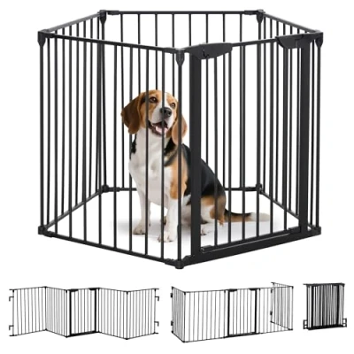 Imagen de PawHut Barrera de Seguridad para Mascotas 300 cm Parque Perros Plegable 5 Paneles con Cierre Inteligente Escalera Pasillo Negro