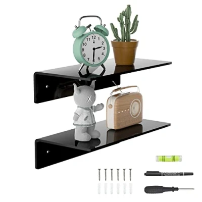 Imagen de Sezanrpt Juego de 2 estanterías pared pequeñas 30 cm, acrílico, flotantes para pared, dormitorio, salón, estantes Funko Pop, altavoces inteligentes