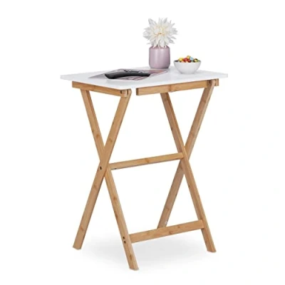 Imagen de Relaxdays Mesa, Bambú, 63 x 47,5 37 cm, Ahorra Espacio, Resistente, Mesita Auxiliar Plegable, Blanco Natural
