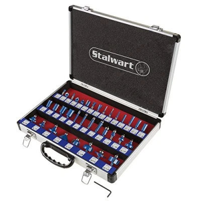Imagen de Stalwart Juego de 35 brocas para enrutador, kit herramientas carpintería carburo mejoras del hogar, incluye llave Allen y funda transporte aluminio (plateado)