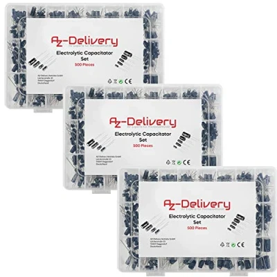 Imagen de AZDelivery 3X Elko Surtido Condensador Electrolitico de Aluminio 24 valores 500 Piezas 0,1uF 1000uF con Caja Almacenamiento Compatible Arduino E Book Incluido!