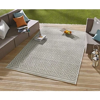 Imagen de NORTHRUGS alfombra para interior y exterior de rombos 80 x 150 cm resistente a la intemperie moderno patrón geométrico Allover diseño balcón, terraza, jardín invierno salón al agua en gris crema