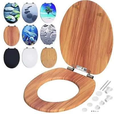 Imagen de CASARIA® Asiento Inodoro Tapa WC Estándar Cierre Suave Automático Antibacteriano MDF Bisagras Inox. Madera