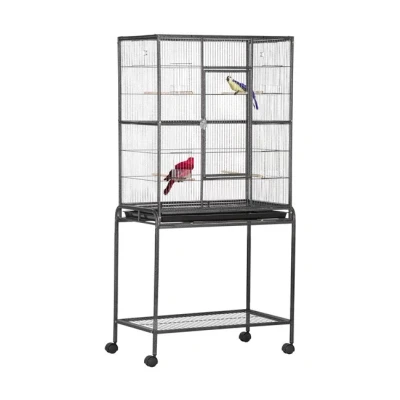 Imagen de PawHut Jaula para Pájaros con Ruedas 81x48x162,5 cm Pajarera Metálico Bandeja 4 Perchas Comederos y Estante de Almacenamiento Periquitos Canarios Negro Gris