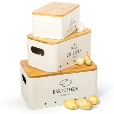 Imagen de Theo&amp;Cleo Juego de 3 cajas almacenamiento para patatas, cebollas y ajos, mantiene frescas durante más tiempo (beige mate)