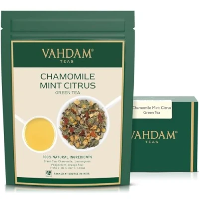 Imagen de Hojas sueltas de té verde menta manzanilla, 100 gramos (50 tazas) Refrescante y energizante verde, menta, hierbabuena, cáscara naranja, hierba limón.