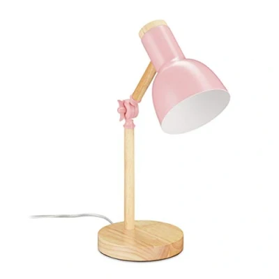 Imagen de Relaxdays Lámpara para Escritorio, Luz Mesita Ajustable Retro, Madera y Metal, Rosca E14, 45,5 x 14,5 cm, Rosa