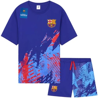 Imagen de Get Trend FC Barcelona Pijama Hombre Verano Conjunto de Futbol Corto Suave Ropa Dormir Algodon Regalo para Él (M, Azul Barcelona)