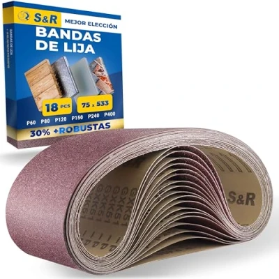 Imagen de S&amp;R Bandas de Lija Abrasivas para Lijadoras 75 x 533 mm. Juego 18 pulir Metal Madera Pintura: 3 cada grano P60, P80, P120, P150, P240, P400