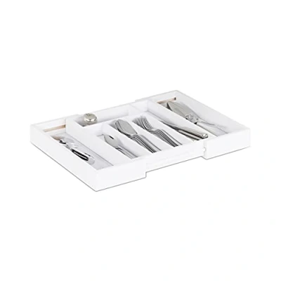 Imagen de Bandeja para cubiertos Relaxdays, extensible, ancho variable, 5 a 7 compartimentos, organizador de bambú, 37,10 x 31,80 5,20, blanco