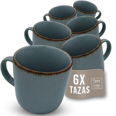 Imagen de Juego de 6 Tazas Café Estilo Rústico Vajilla Completa Steingut Premium, Apta para Lavavajillas Set Moderno Té y Pure Living en Color azul humo