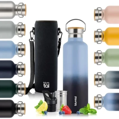 Imagen de Blumtal Termo 750ml botella de acero inoxidable doble pared isotérmica libre BPA té deportiva Gris Azul